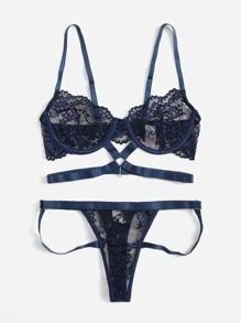 ROMWE Kawaii Floral Lace Ring Linked Lingerie Set - Navy Blue - View 2