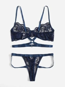 ROMWE Kawaii Floral Lace Ring Linked Lingerie Set - Navy Blue - View 5