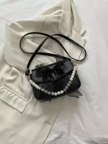 Argyle Princess Faux Pearl & Rhinestone Pearl Chain & Decor Mini Bow & Faux Pearl Decor Flap Square Bag For Party, Wedding, Prom And Dinner, Lipsticks, Women's Pearl Bag, Bow Purse For Women