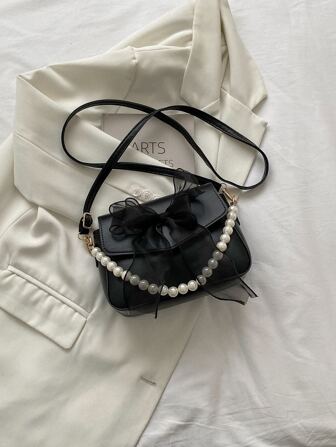 Argyle Princess Faux Pearl & Rhinestone Pearl Chain & Decor Mini Bow & Faux Pearl Decor Flap Fyrkantig väska för fest, bröllop, bal och middag, läppstift, dam pärlväska, trendig rosettväska för kvinnor