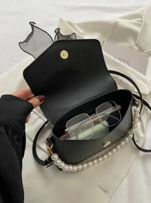 Argyle Princess Faux Pearl & Rhinestone Pearl Chain & Decor Mini Bow & Faux Pearl Decor Flap Square Bag For Party, Wedding, Prom And Dinner, Lipsticks, Women's Pearl Bag, Bow Purse For Women