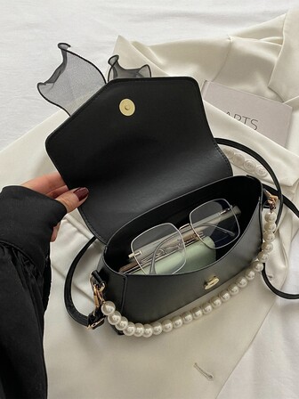 Argyle Princess Faux Pearl & Rhinestone Pearl Chain & Decor Mini Bow & Faux Pearl Decor Flap Square Bag For Party, Wedding, Prom And Dinner, Lipsticks, Women's Pearl Bag, Bow Purse For Women