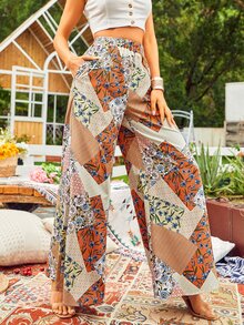 色塊拼接圖案闊腿褲 - 彩色 - 查看 3