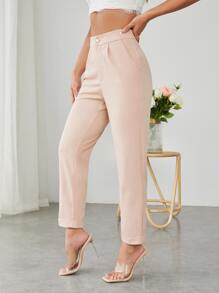 SHEIN PETITE Quần cạp cao xắn gấu gấu quần - Màu Hồng  San hô - Xem 4