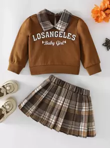 Đứa bé gái Đồ họa Chữ cái Cổ áo tương phản Áo nỉ & Kẻ sọc Chân Váy xếp ly - Nhiều màu - Xem 1