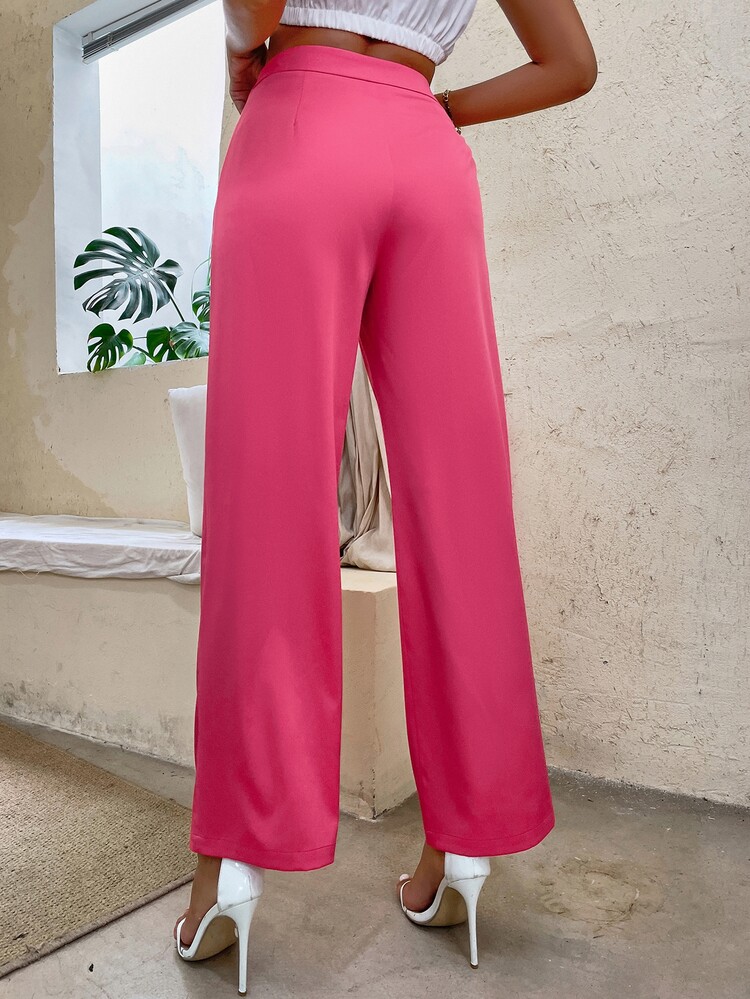 Slant Pocket Fold Pleated Tailored Trousers - Hot Pink - View 2