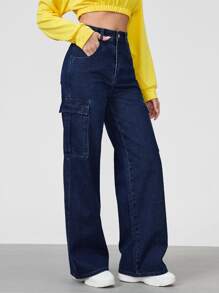 SHEINBlues High Waist Flap Pocket Cargo Jeans - Dark Wash - View 1