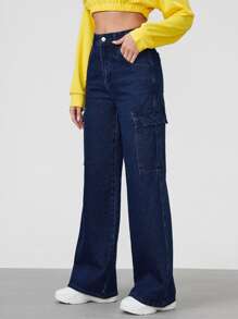 SHEINBlues High Waist Flap Pocket Cargo Jeans - Dark Wash - View 4