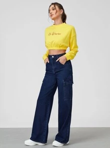 SHEINBlues High Waist Flap Pocket Cargo Jeans - Dark Wash - View 6