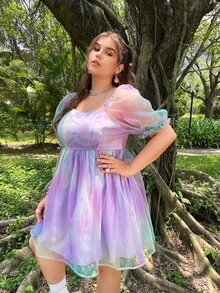 大碼多巴胺穿衣法紮染方領泡泡袖歐根紗洋裝