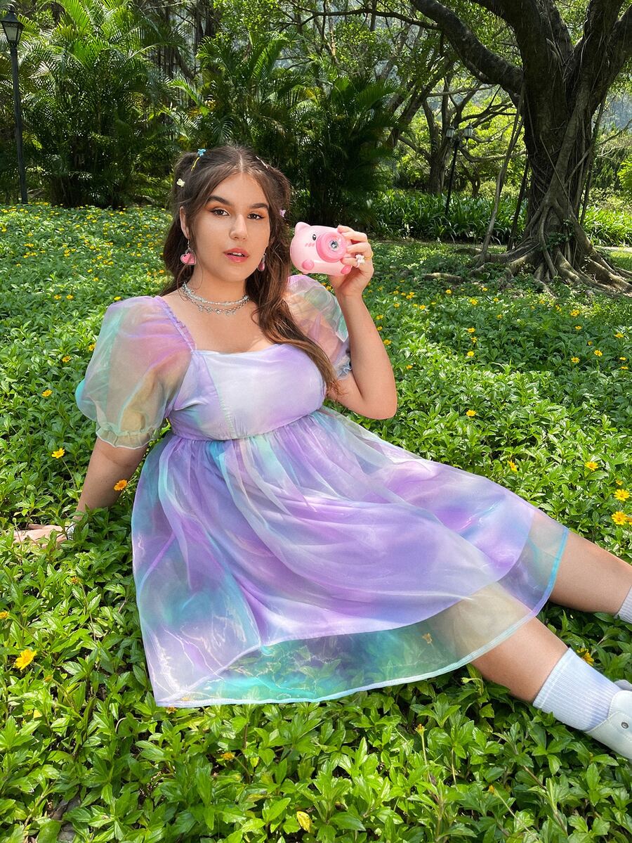 大碼多巴胺穿衣法紮染方領泡泡袖歐根紗洋裝