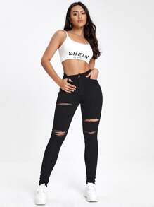 SHEIN EZwear Black Slant Pocket Ripped Skinny Jeans - Black - View 3