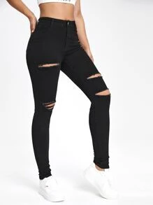 SHEIN EZwear Black Slant Pocket Ripped Skinny Jeans - Black - View 4