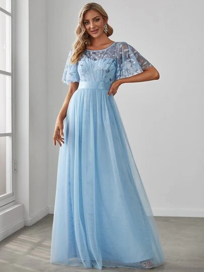 EVERPRETTY Elegant Ruffle Sleeve Floral Sequin Dress, Mesh Formal Cocktail Gown Suitable For Valentine's Day, Graduation, Summer Wedding, Light Blue Bridesmaid Dress, Evening Gown