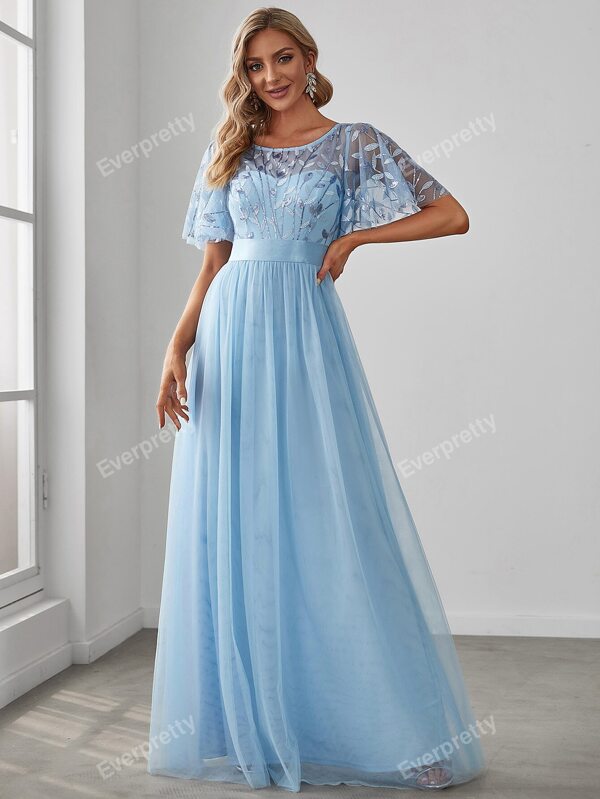 EVER-PRETTY Flutter Sleeve Summer Floral Sequin Dress Mesh Prom Formal Dress For Graduation Elegant Blue Evening Dress Bridesmaid Dress For Wedding