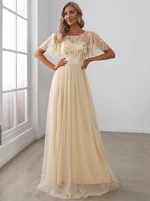 EVERPRETTY Đầm sequin họa tiết hoa mùa thu, đầm dạ hội sang trọng phối lưới vàng, thích hợp cho các buổi tiệc, tiệc chiêu đãi, trang phục dự đám cưới. - Màu be - Xem 7