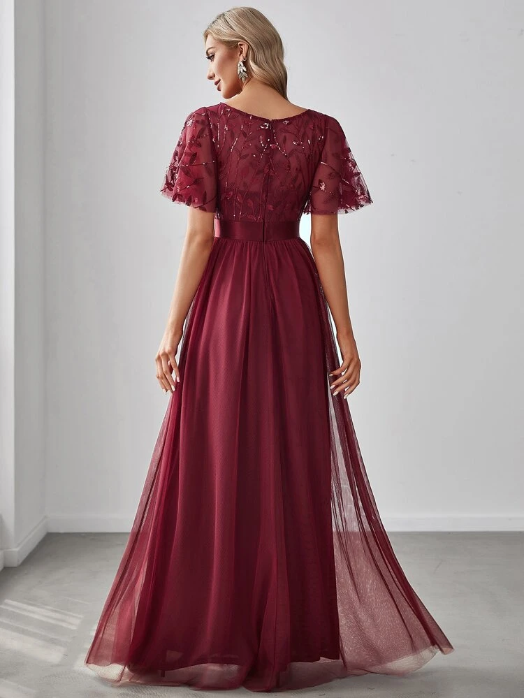 EVERPRETTY Floral Sequin Mesh Dress, Elegant Vintage Spring Burgundy Semi-Formal Evening Gown, Suitable For Party, Banquet, Wedding Guest Wear