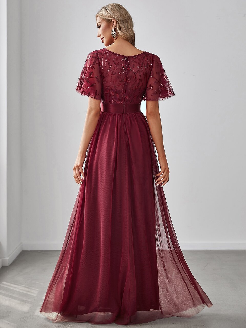 EVERPRETTY Floral Sequin Mesh Dress, Elegant Vintage Spring Burgundy Semi-Formal Evening Gown, Suitable For Party, Banquet, Wedding Guest Wear