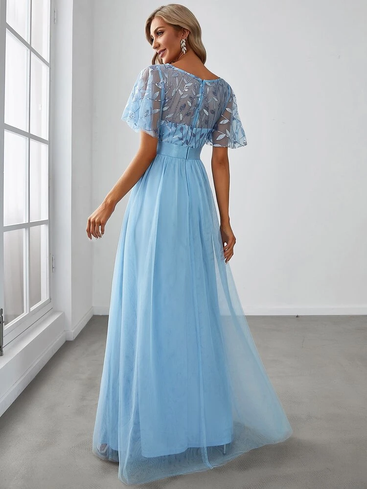 EVERPRETTY Elegant Ruffle Sleeve Floral Sequin Dress, Mesh Formal Cocktail Gown Suitable For Valentine's Day, Graduation, Summer Wedding, Light Blue Bridesmaid Dress, Evening Gown Party Spring