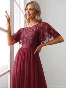 Fall Floral Sequin Dress Mesh Elegant Vintage Burgundy Semi Formal Dress Evening Dress For Party Dinner Wedding Guest Gown