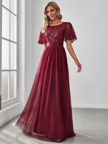 Fall Floral Sequin Dress Mesh Elegant Vintage Burgundy Semi Formal Dress Evening Dress For Party Dinner Wedding Guest Gown