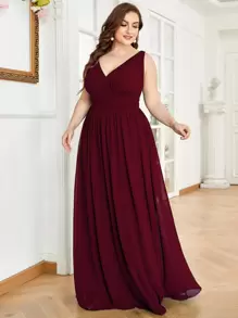 Vestido de fiesta elegante de dama de honor con cuello de doble V y cintura fruncida talla grande