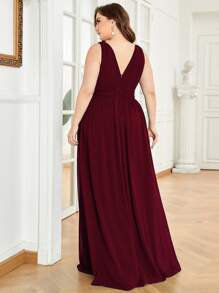 Vestido de fiesta elegante de dama de honor con cuello de doble V y cintura fruncida talla grande
