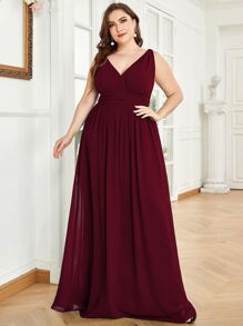Vestido de fiesta elegante de dama de honor con cuello de doble V y cintura fruncida talla grande