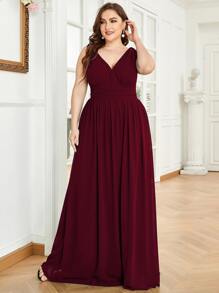 Vestido de fiesta elegante de dama de honor con cuello de doble V y cintura fruncida talla grande