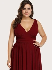 Vestido de fiesta elegante de dama de honor con cuello de doble V y cintura fruncida talla grande
