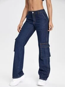 SHEIN Flap Pocket Cargo Jeans - Dark Wash - View 3