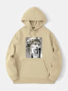 男士雕塑和人像圖案袋鼠口袋抽繩加絨內裏連帽衫 - 杏色 - 查看 1