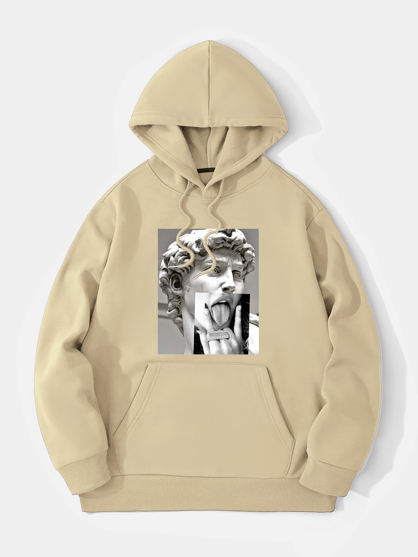 男士雕塑和人像圖案袋鼠口袋抽繩加絨內裏連帽衫 - 杏色 - 查看 1