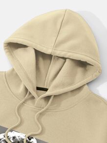 男士雕塑和人像圖案袋鼠口袋抽繩加絨內裏連帽衫 - 杏色 - 查看 3