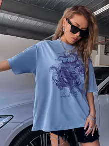SHEIN Unity Chinese Dragon Graphic Drop Shoulder Oversized Tee Graphic Tees Women Tops - Dusty Blue - View 3