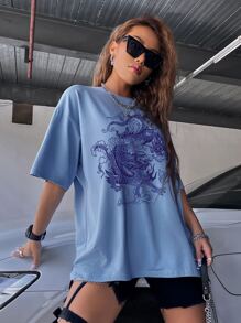 SHEIN Unity Chinese Dragon Graphic Drop Shoulder Oversized Tee Graphic Tees Women Tops - Dusty Blue - View 4