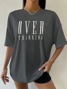 Flirla Drop Shoulder Letter Embroidery Top Graphic Tees Women Tops - Dark Grey - View 3