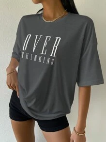 Flirla Drop Shoulder Letter Embroidery Top Graphic Tees Women Tops - Dark Grey - View 5