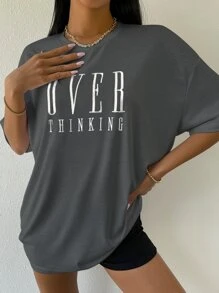 Flirla Drop Shoulder Letter Embroidery Top Graphic Tees Women Tops - Dark Grey - View 6