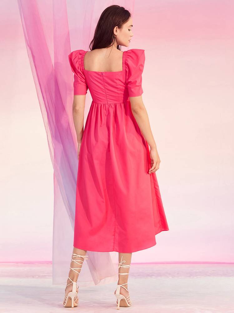 SHEIN X BEEBA Neon Pink Square Neck Puff Sleeve Zip Back A-line