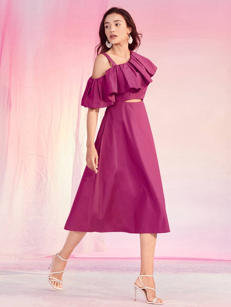 BizChic Robe trapèze découpe à volants à col asymétrique