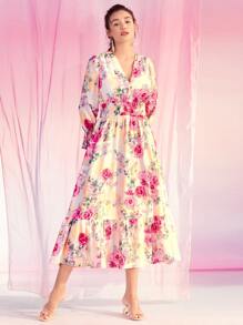 Mulvari Floral Print Flounce Sleeve Shirred Waist Ruffle Hem Dress - Multicolor - View 1