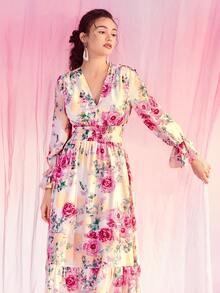 Mulvari Floral Print Flounce Sleeve Shirred Waist Ruffle Hem Dress - Multicolor - View 5