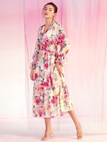 Mulvari Floral Print Flounce Sleeve Shirred Waist Ruffle Hem Dress - Multicolor - View 6