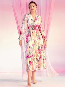 Mulvari Floral Print Flounce Sleeve Shirred Waist Ruffle Hem Dress - Multicolor - View 7