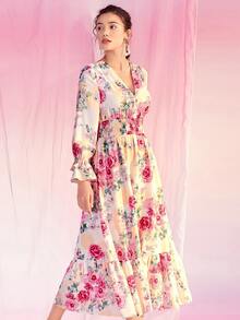 Mulvari Floral Print Flounce Sleeve Shirred Waist Ruffle Hem Dress - Multicolor - View 8