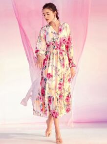 Mulvari Floral Print Flounce Sleeve Shirred Waist Ruffle Hem Dress - Multicolor - View 9