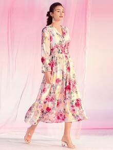 Mulvari Floral Print Flounce Sleeve Shirred Waist Ruffle Hem Dress - Multicolor - View 10