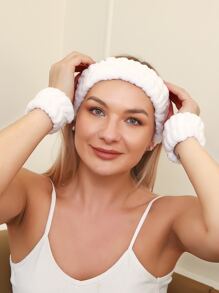 3pcs Solid Bath Headband & Wristband Set - White - View 1