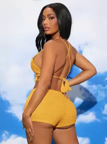 SHEIN SXY Bộ đồ hai mảnh nữ Lộ Lưng mép Buộc lại màu trơn Boho - Màu vàng - Xem 2